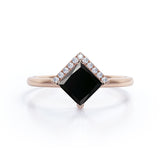 Geometric 1.15 Carat Princess Cut Lab Black Diamond and 2 Stone Contour Engagement Ring in White Gold