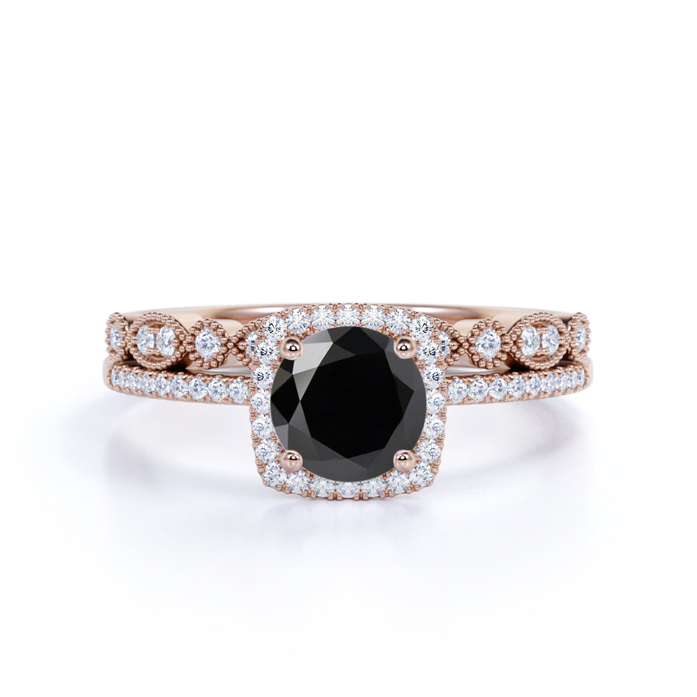 Artdeco scalloped 1.75 Carat Lab Black Diamond Wedding Ring Set for Women in White Gold