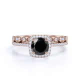 Artdeco scalloped 1.75 Carat Lab Black Diamond Wedding Ring Set for Women in White Gold