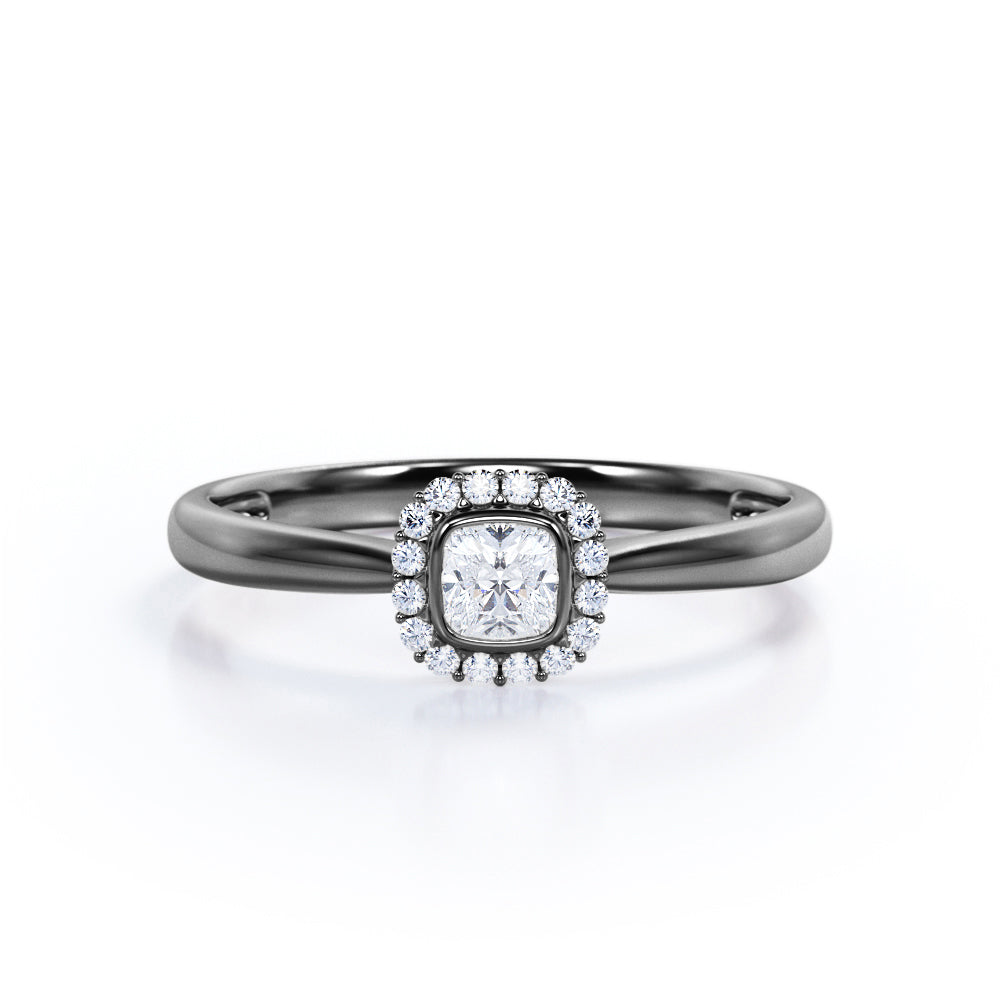 Bezel 0.75 carat Cushion Moissanite Halo Engagement Ring for her in White Gold