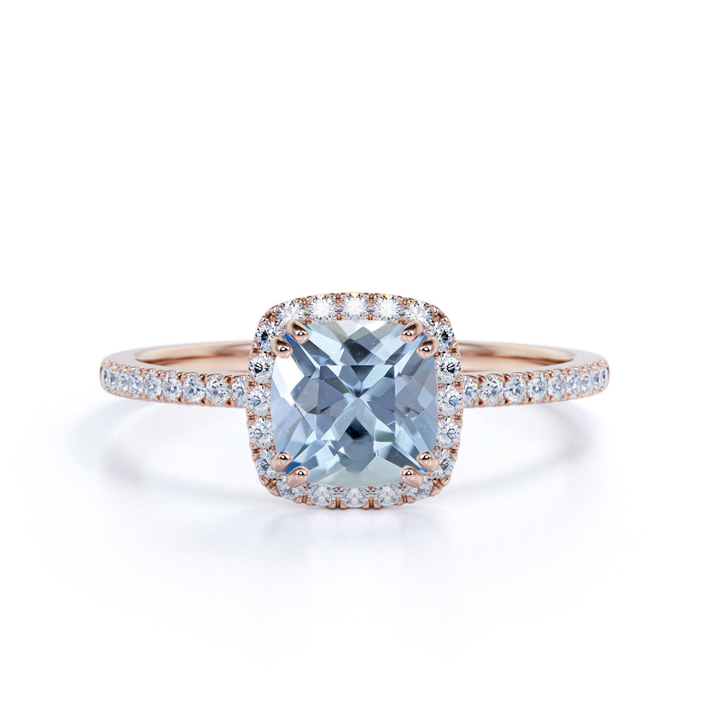 1.25 ct Cushion Aquamarine Halo Pave Engagement Ring