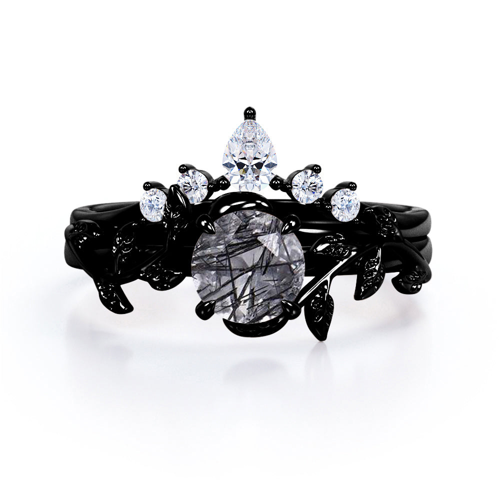 Nature Inspired 1.15 Carat Round Cut Solid Black Rutile Clear Crystal Quartz Leaf Style Five Stone Wedding Ring Set In White Gold