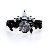 Nature Inspired 1.15 Carat Round Cut Solid Black Rutile Clear Crystal Quartz Leaf Style Five Stone Wedding Ring Set In White Gold
