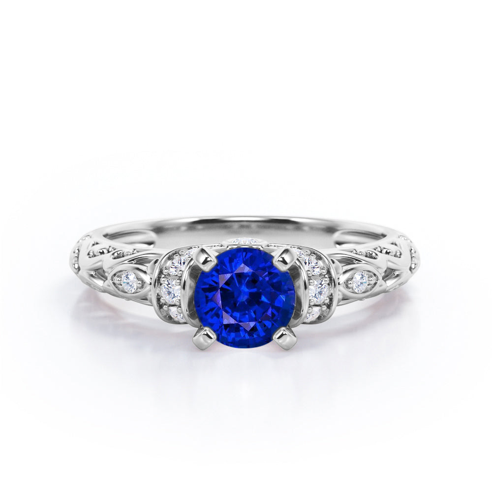 Unique Four Prong 1.15 Carat Round Cut Sapphire And Diamond Art Deco Engagement Ring In Rose Gold