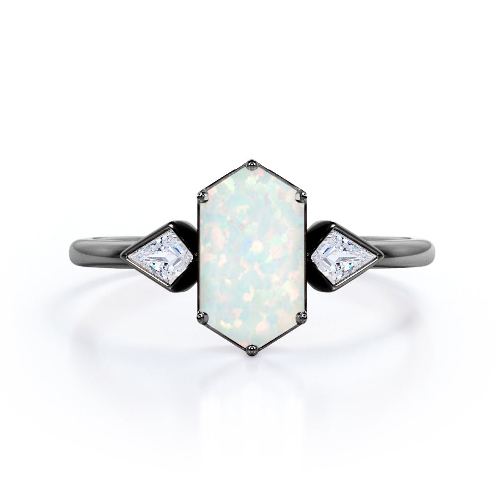 Trillion Six Prong 1.20 Carat Hexagon Shaped White Opal And Diamond Three Stone Bezel Set Engagement Ring In White Gold