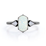 Trillion Six Prong 1.20 Carat Hexagon Shaped White Opal And Diamond Three Stone Bezel Set Engagement Ring In White Gold