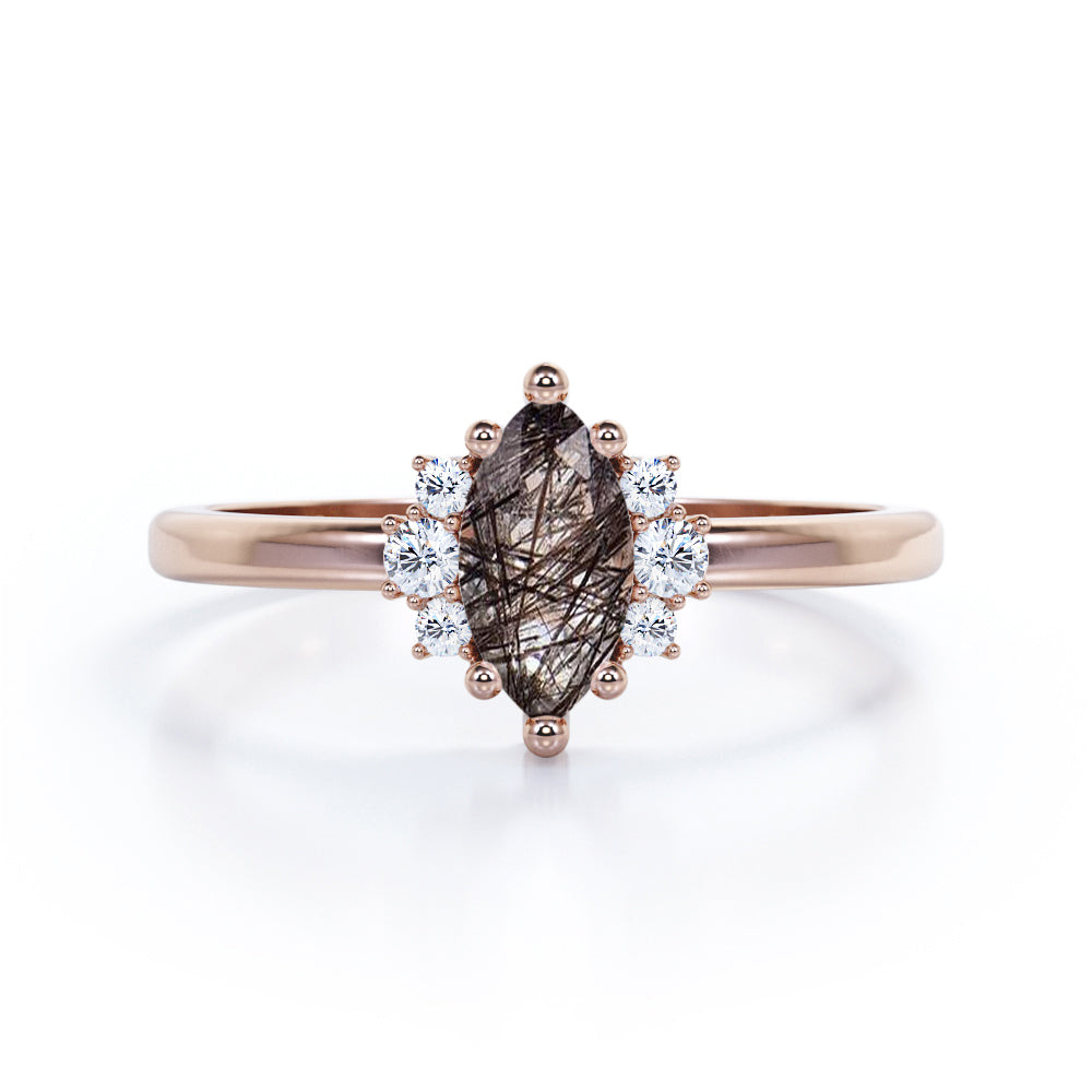 Unique Six Prong 1.25 Carat Marquise Cut Natural Black Rutilated Quartz And Diamond Seven Stone Engagement Ring In Black Gold