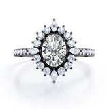 Enchanted Classic Milgrain Halo 0.8 carat Oval Moissanite and Diamond Engagement Ring in Black Gold