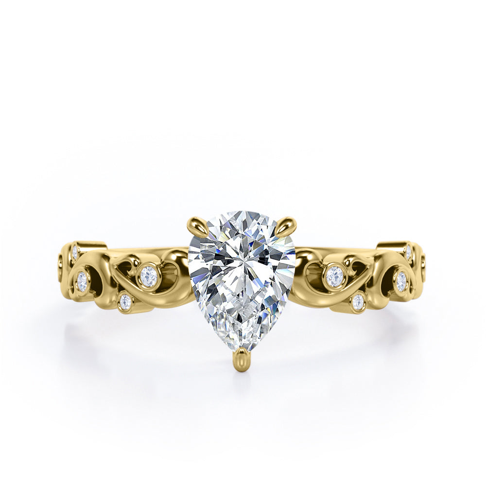 Vintage Style Scroll 0.5 carat Pear Moissanite and Diamond Engagement Ring in Rose Gold
