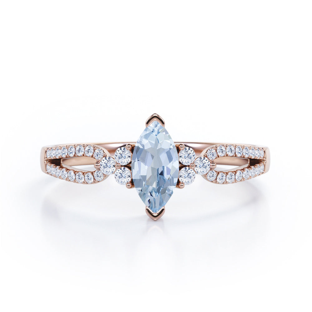 Affordable 1.45 Carat Marquise Cut Aquamarine And Diamond Double Shank Engagement Ring In White Gold