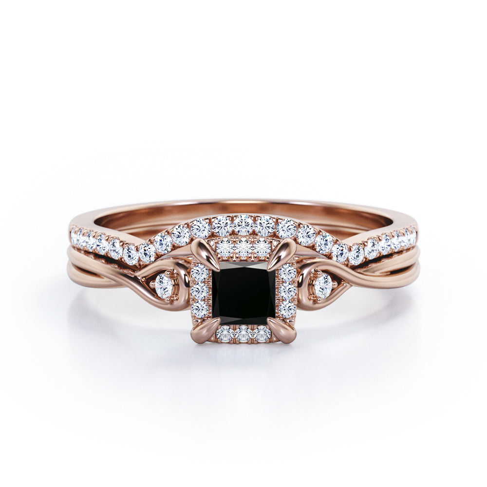 0.69 ct Princess Lab Black Diamond Cushion Halo Bridal Set