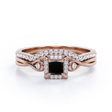 0.69 ct Princess Lab Black Diamond Cushion Halo Bridal Set