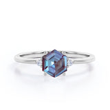 Trillion Geometric 1.05 Carat Hexagon Cut Lab Created Alexandrite And Diamond Three Stone Engagement Ring In White Gold