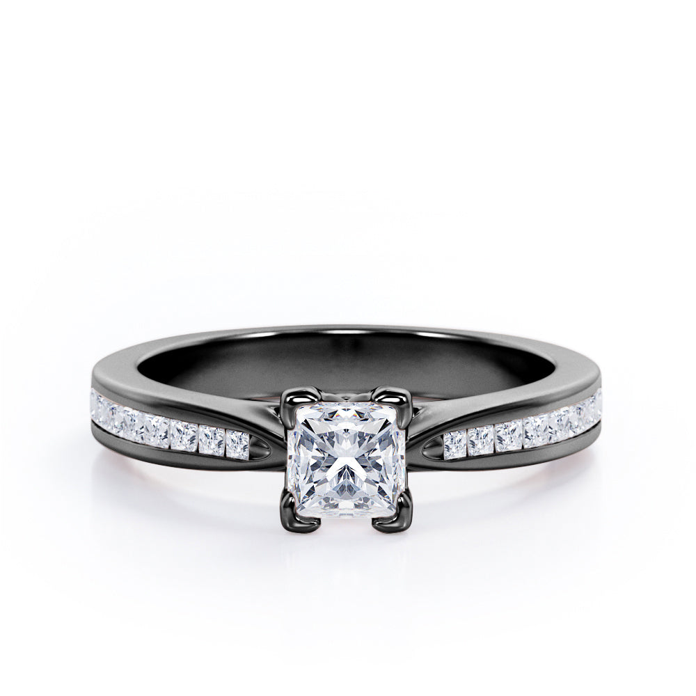 Chevron Prong - 0.40 TCW Princess Cut Diamond - Channel Set Engagement Ring - 10K White Gold