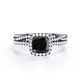 2 carat cushion cut Black Diamond halo bridal set in white gold