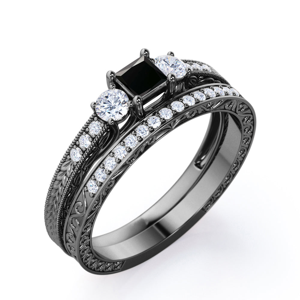 0.5 ct Princess Lab Black Diamond Vintage Bridal Set