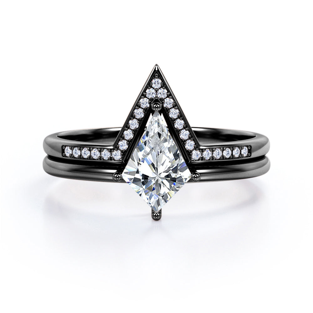 Classic Minimal 1.25 carat Kite Moissanite and Diamond Bridal Ring Set in White Gold