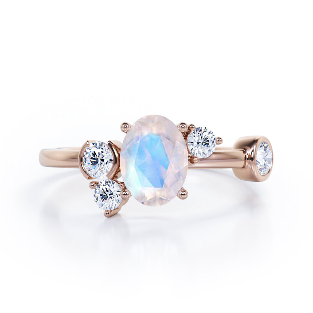 Unique 1 carat Oval Five Stone Ring With Petite Moonstone and Diamond in White Gold