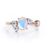 Unique 1 carat Oval Five Stone Ring With Petite Moonstone and Diamond in White Gold