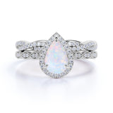1.75 ct Pear Shaped Fire Opal & Diamond Vintage Wedding Ring Set in 10K White Gold