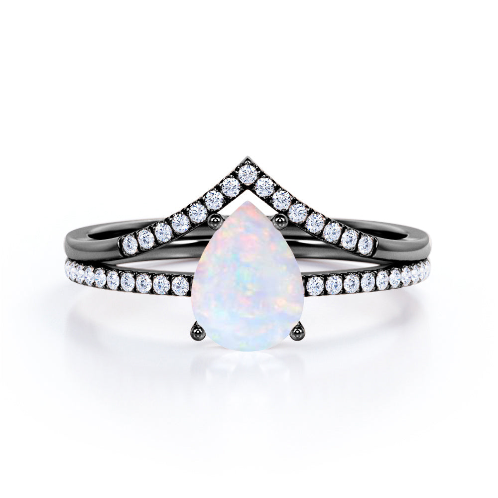 Affordable 1.40 Carat Pear Cut Genuine Opal And Diamond V Style Pave Bridal Set In White Gold.