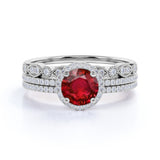 Antique Pave 2 ct Round Lab-Created Ruby Trio Wedding Set
