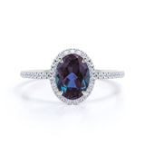 Minimalist 1.50 Carat Oval Cut Lab Made Alexandrite and Diamond Halo Pave Engagement Ring