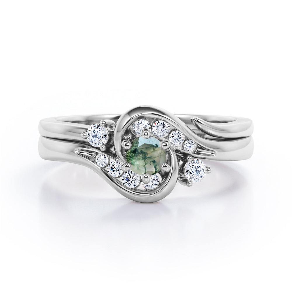 6 Prong Tension Design - 0.55 TCW Round Shaped Green Moss Agate and Moissanite - Flush Chanel Wedding Ring Set - Rose Gold