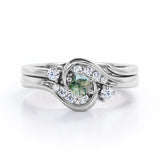 6 Prong Tension Design - 0.55 TCW Round Shaped Green Moss Agate and Moissanite - Flush Chanel Wedding Ring Set - Rose Gold