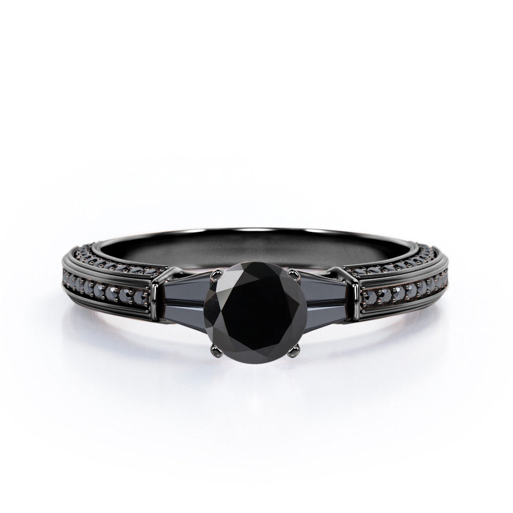Triple Pave Channel - 1.35 TCW Round Shaped Lab Created Black Diamond - 5 Stone Engagement Ring in White Gold
