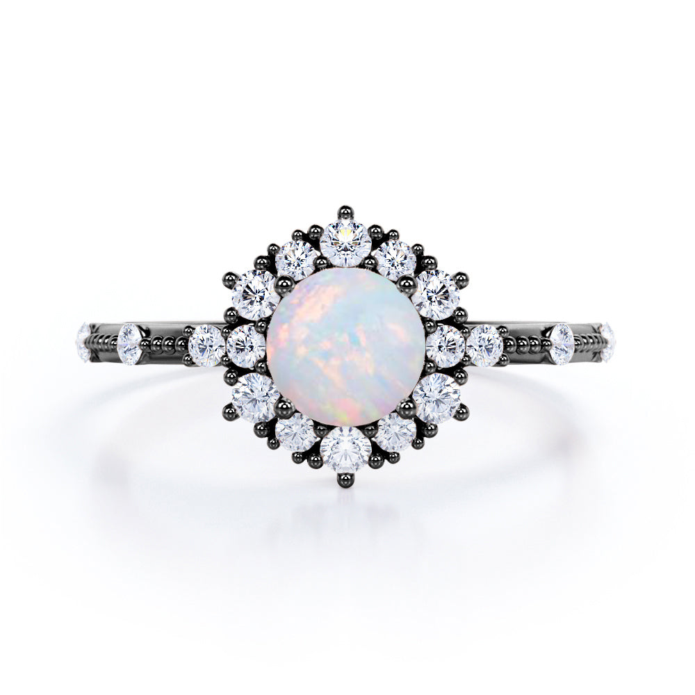 Clustered Halo 1.30 Carat Round Cut Translucent Opal And Diamond Antique Beaded  Engagement Ring In White Gold