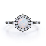 Clustered Halo 1.30 Carat Round Cut Translucent Opal And Diamond Antique Beaded  Engagement Ring In White Gold