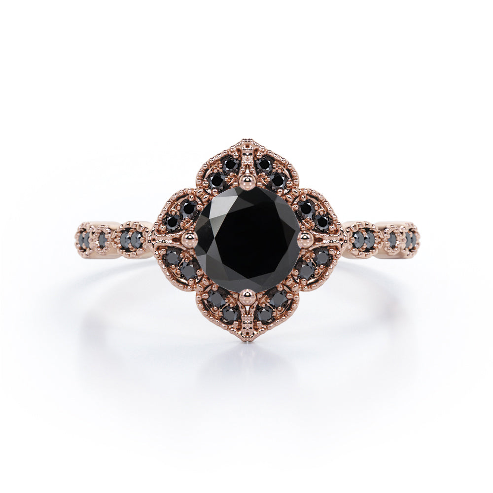 1.5 ct Round Lab Black Diamond Vintage Flower Engagement Ring