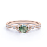 Vintage Prong Leaf Design 1.75 Carat Round Cut Milky White Dendritic Moss Green Agate and Diamond Art Deco Engagement Ring