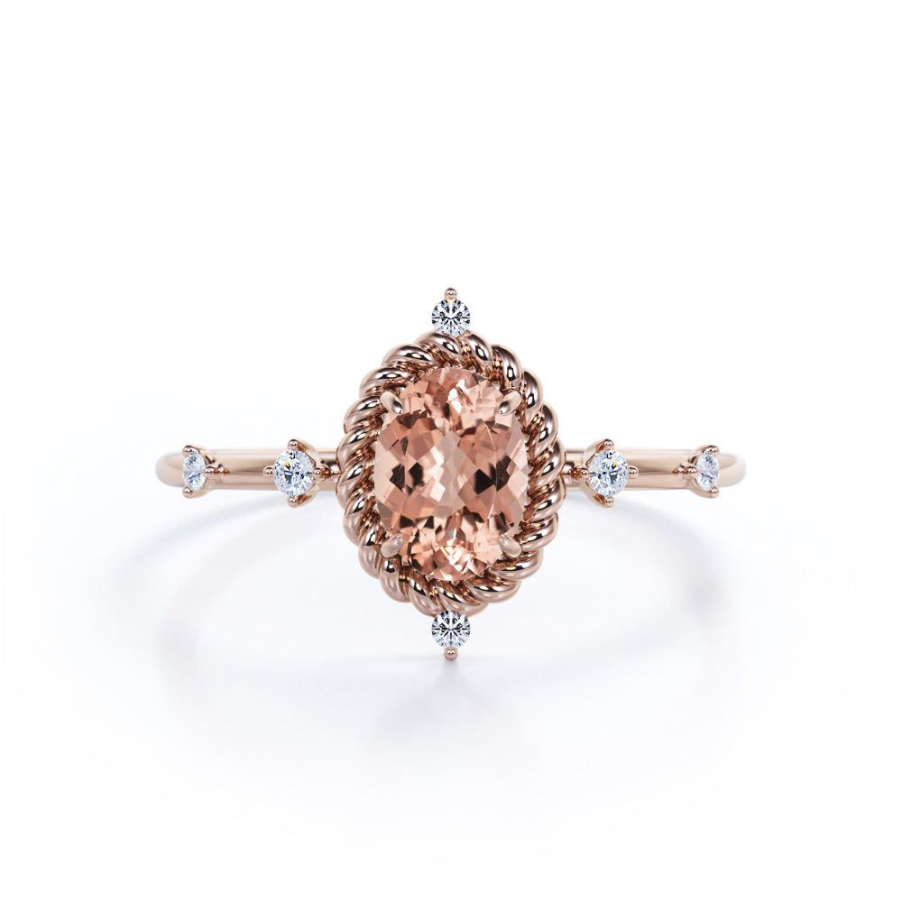 1.25 Carat Oval Cut Peach Morganite and Diamond Engagement Ring in 10k White Gold Handmade Ring