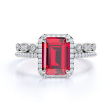 Pave Set 2 Carat Emerald Cut Lab Ruby and Diamond Wedding Set with Art Deco Band in White Gold
