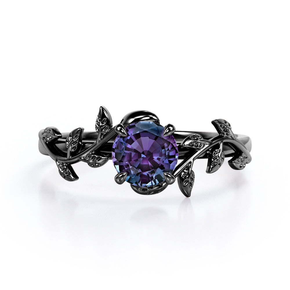 Floral Art Deco 1 Carat Round Cut Lab Created Alexandrite Nature Inspired Engagement Ring In White Gold For Her