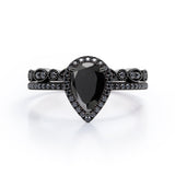 Art-Deco Milgrain Filigree 1.65 TCW Teardrop Lab Created Black Diamond Pave Wedding Ring Set in White Gold