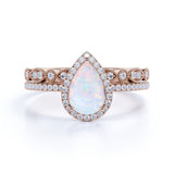 Vintage 1.75 ct Halo Pear Shaped Fire Opal and Moissanite Wedding Ring Set in 18K Rose Gold over Silver