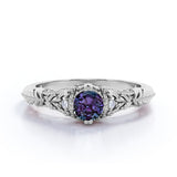 Non Traditional Three Stone 1 Carat Round Cut Lab Created Alexandrite and Diamond Art Deco Filigree Engagement Ring in White Gold for Women
