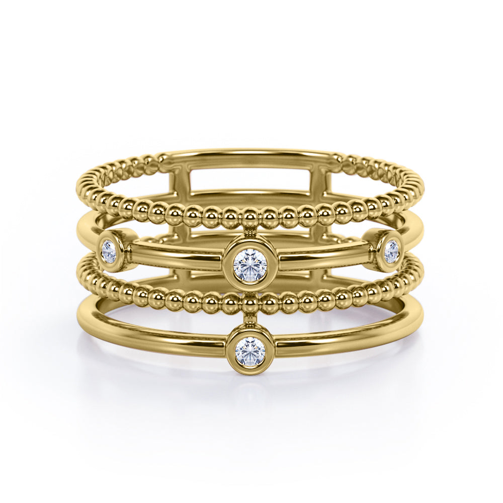 Quadruple Band - 0.80 TCW Round Brilliant Cut Diamond - Bezel and Beaded Stackable Ring - Rose Gold