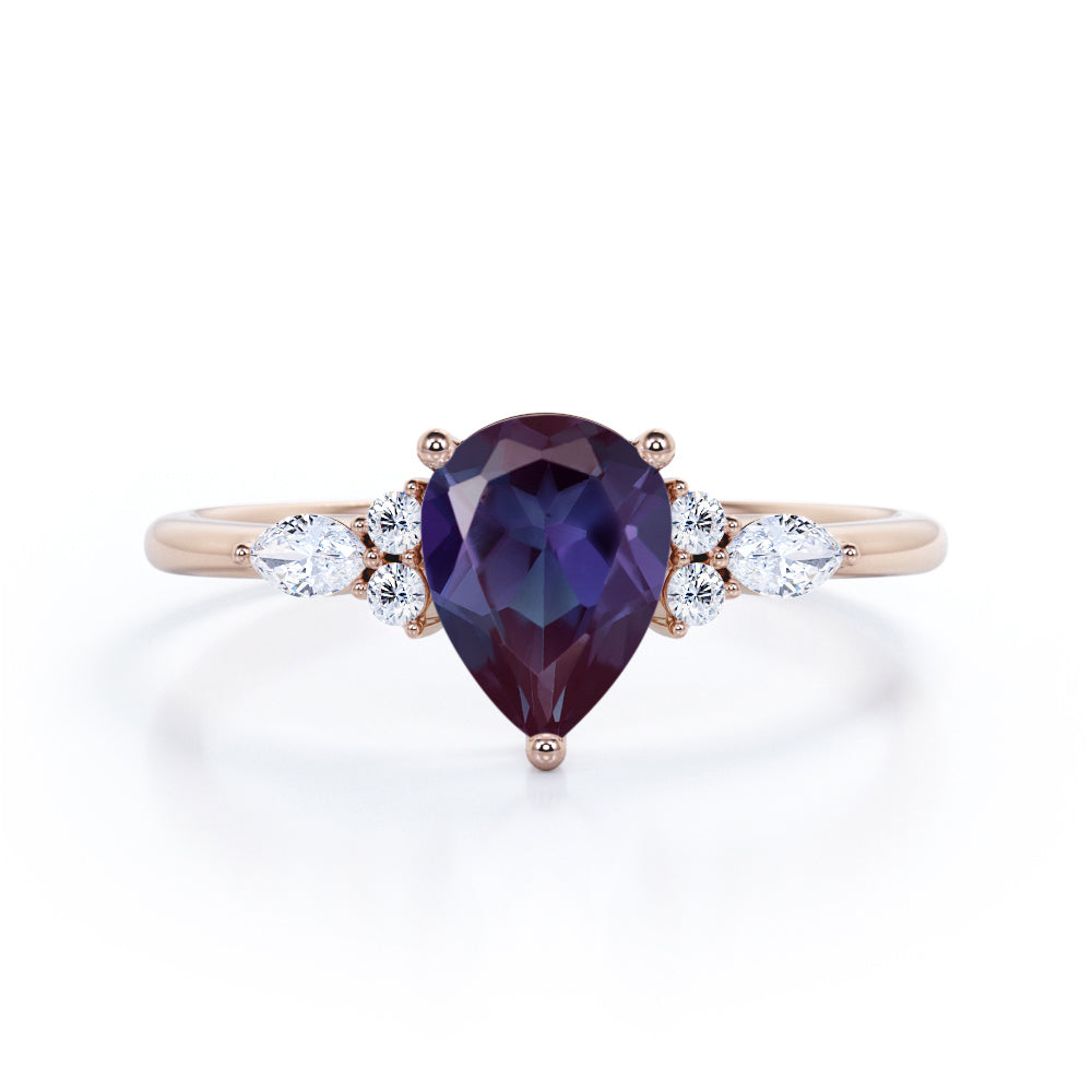 Affordable 1.35 Carat Tear Drop Lab Created Alexandrite And Diamond  Seven Stone Engagement Ring In White Gold.