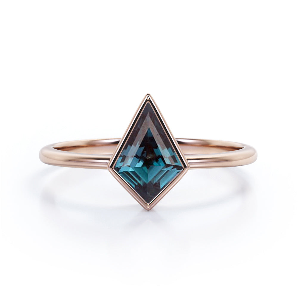 Bezel Set 0.85 Carat Kite Shaped Lab Created Alexandrite Solitaire Engagement Ring In White Gold