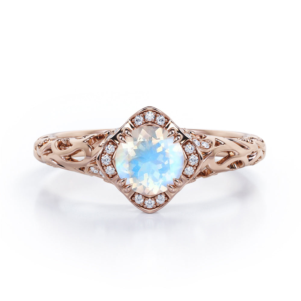 Modern Art Deco Claw Set 1.10 Carat Round Cut Moonstone And Diamond Cushion Framed Halo Engagement Ring In White Gold