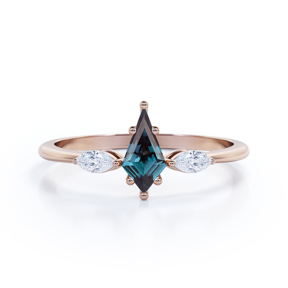 Trillion Six Prong 1 Carat Kite Shaped Lab Created Alexandrite And Diamond Three Stone Basket Set Engagement Ring In White Gold