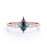 Trillion Six Prong 1 Carat Kite Shaped Lab Created Alexandrite And Diamond Three Stone Basket Set Engagement Ring In White Gold