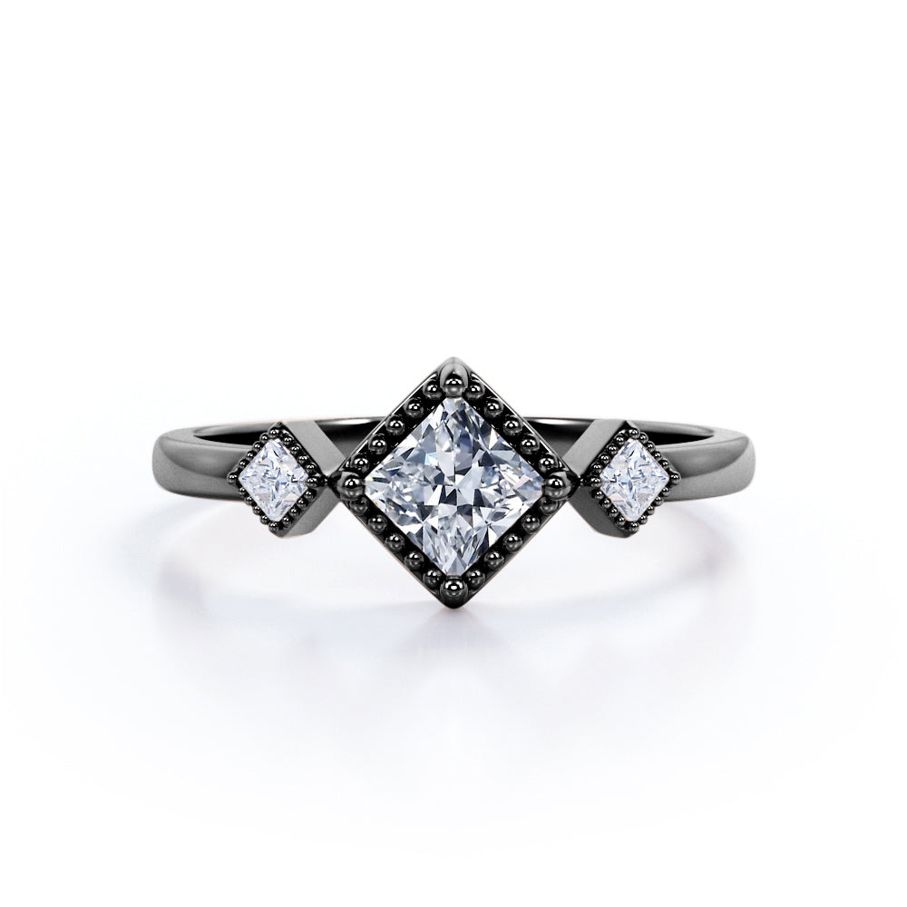 1 Carat Princess Cut Moissanite And Diamond Three Stone Pave Engagement Ring In White Gold