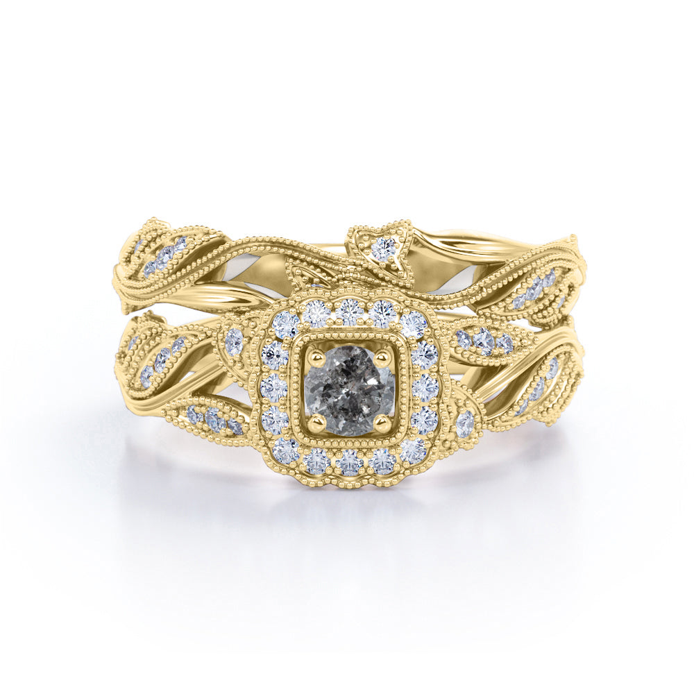 Floral Leaf Halo 0.95 Carat Round Cut Fancy Black Grey Salt and Pepper Diamond and Milgrain Art Deco Wedding Ring Sets
