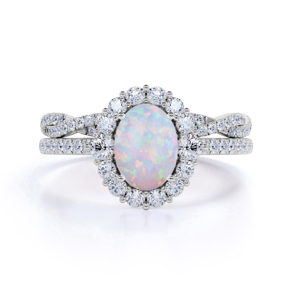 Snowflake 1.75 Carat Oval Shape Fire Opal and Diamond Bridal Ring Set with Crown Band in Rose Gold