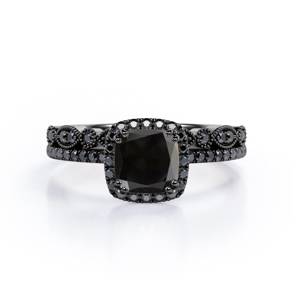 Pave-Accented Halo 1.6 TCW Cushion Cut Lab Created Black Diamond Milgrain Filigree Wedding Ring Set in White Gold